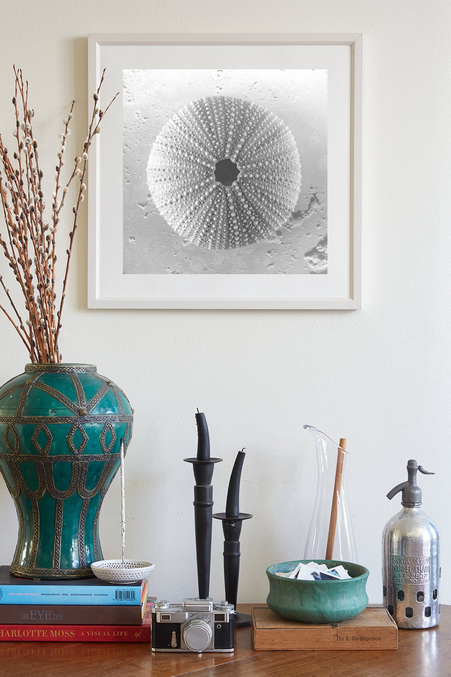 Seashell Sea Urchin Square Art Print | Black and White Wall Decor