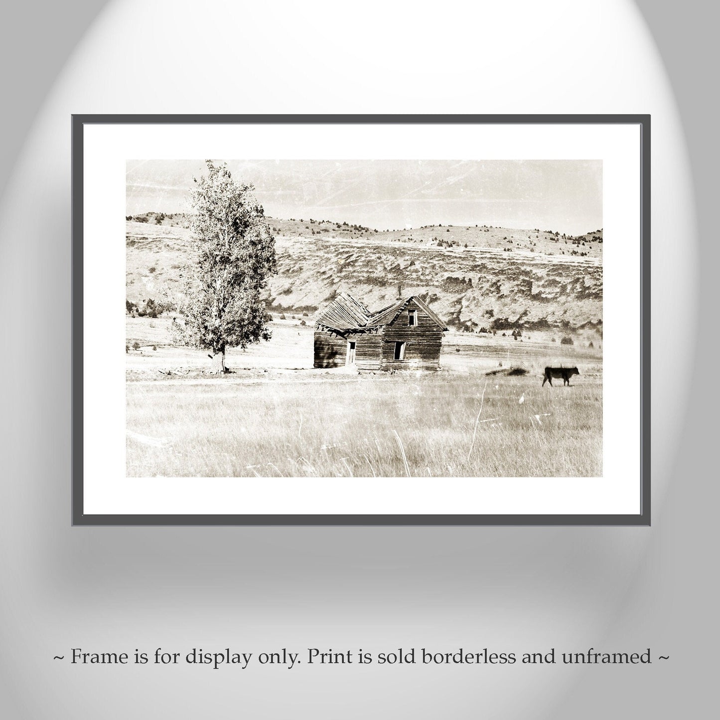 Western Cattle Ranch Art – Sepia Prairie Landscape with Cabin Vintage Style