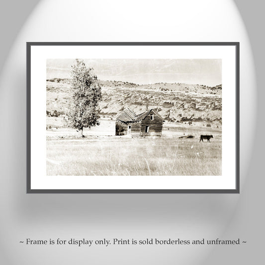 Western Cattle Ranch Art – Sepia Prairie Landscape with Cabin
