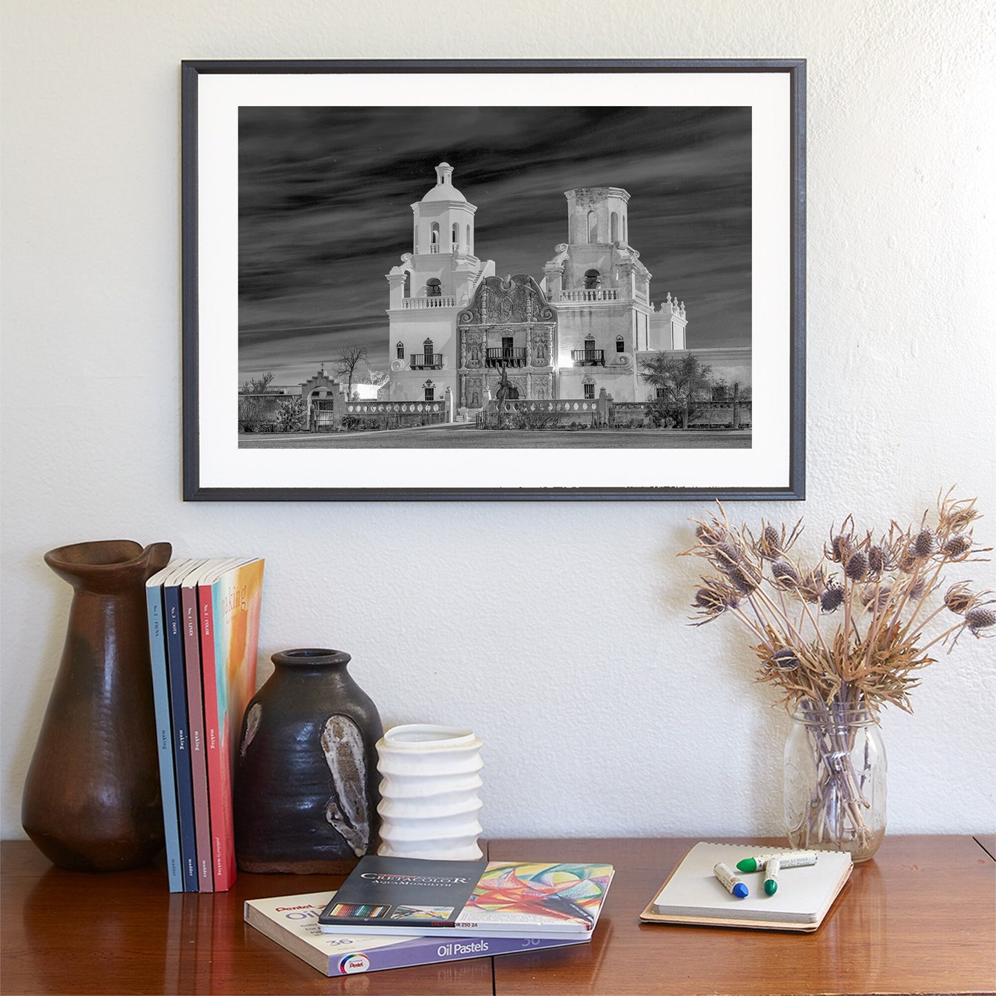 San Xavier Mission at Night – Black and White Tucson Architecture Art
