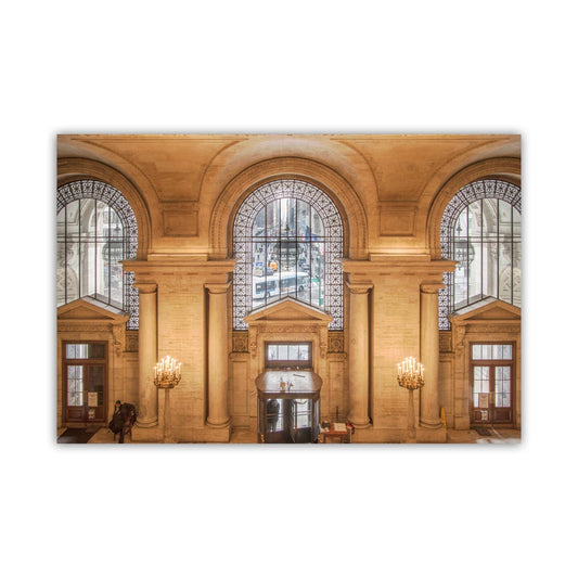 a grand, ornate building with a series of arched windows and a central entrance. New York Public Library Art Print - NYC Architecture Photography