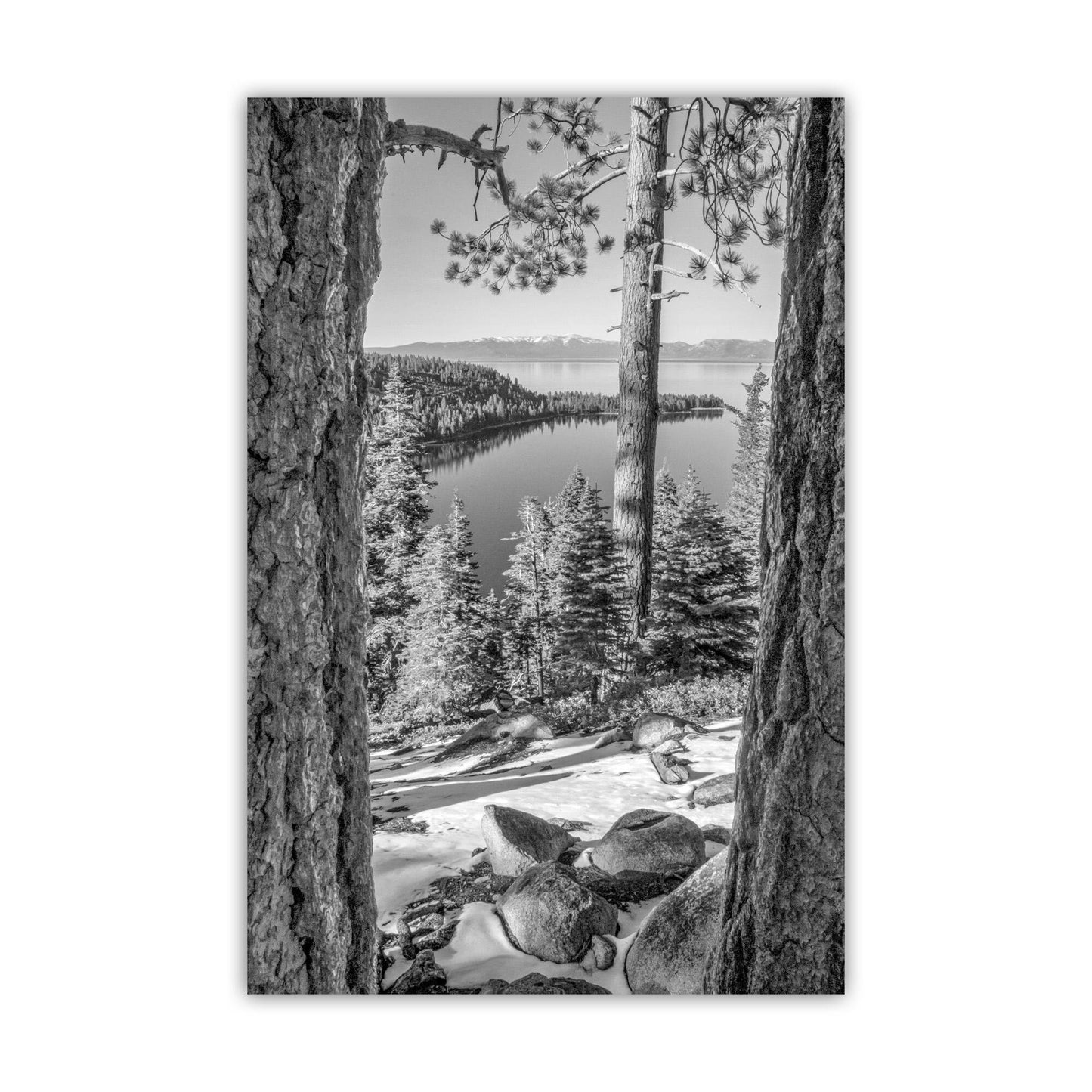 Lake Tahoe Emerald Bay Winter Photograph Gift | Black & White Sierra Nevada Landscape Wall Art Print as Home Decor