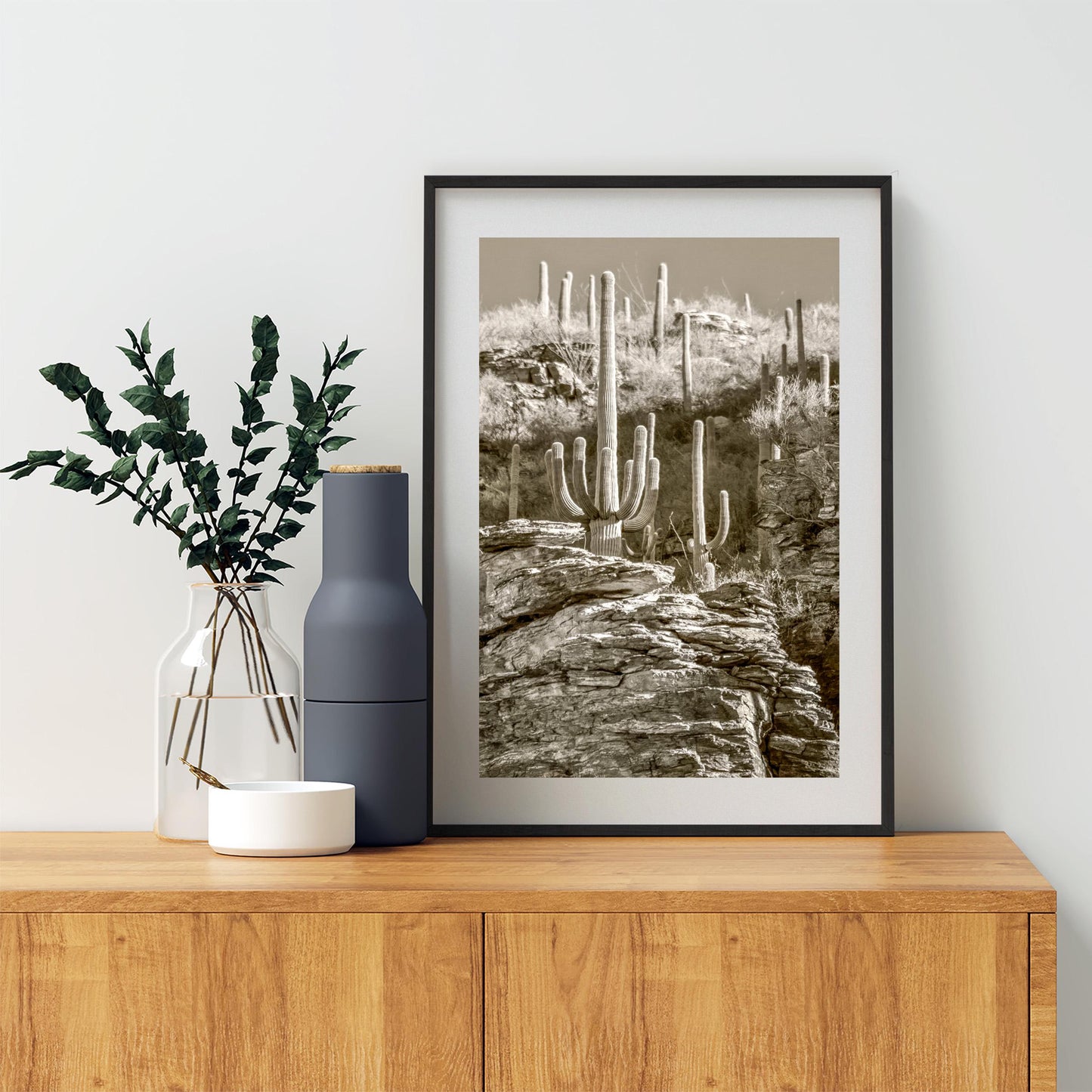Tucson Catalina Mountains and Saguaro Cactus Wall Decor in Sepia