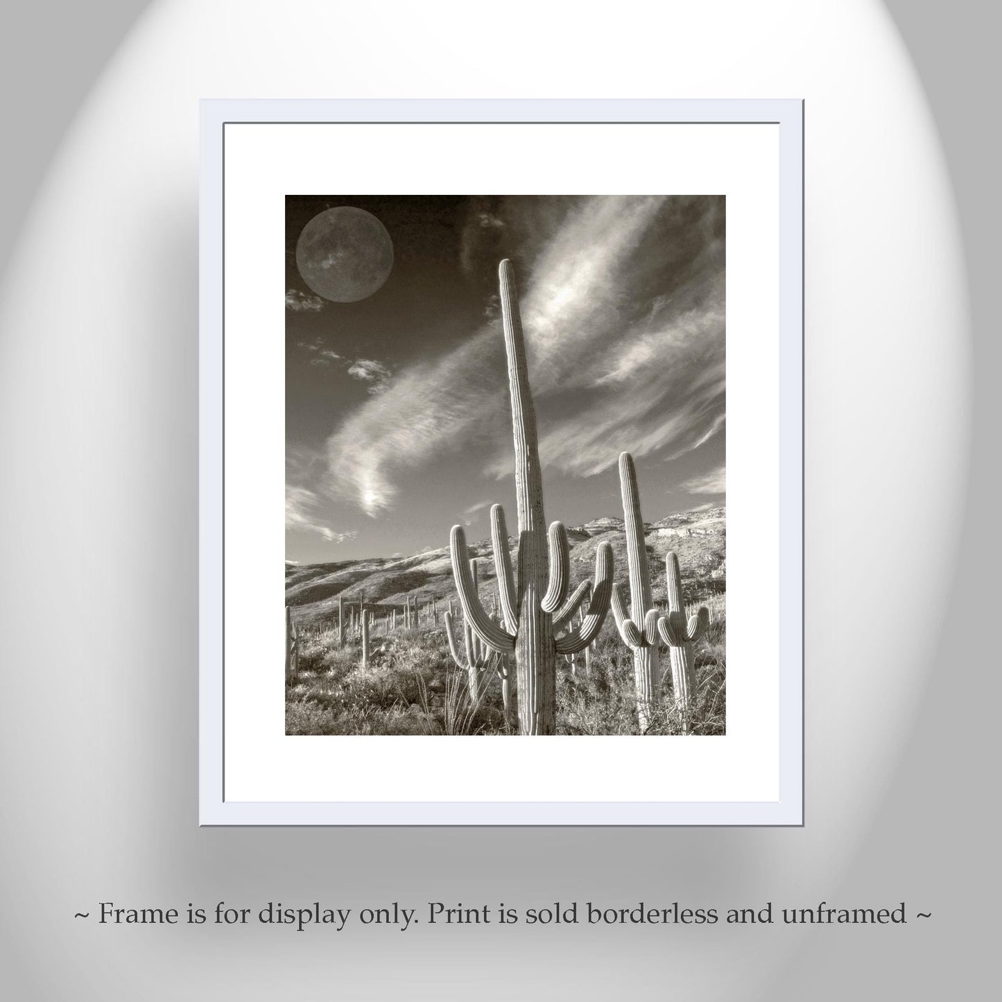Surreal Desert Cactus Moon Art | Southwestern Wall Decor in Sepia
