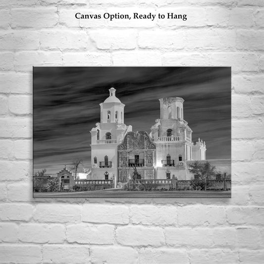 San Xavier Mission at Night – Black and White Tucson Architecture Art