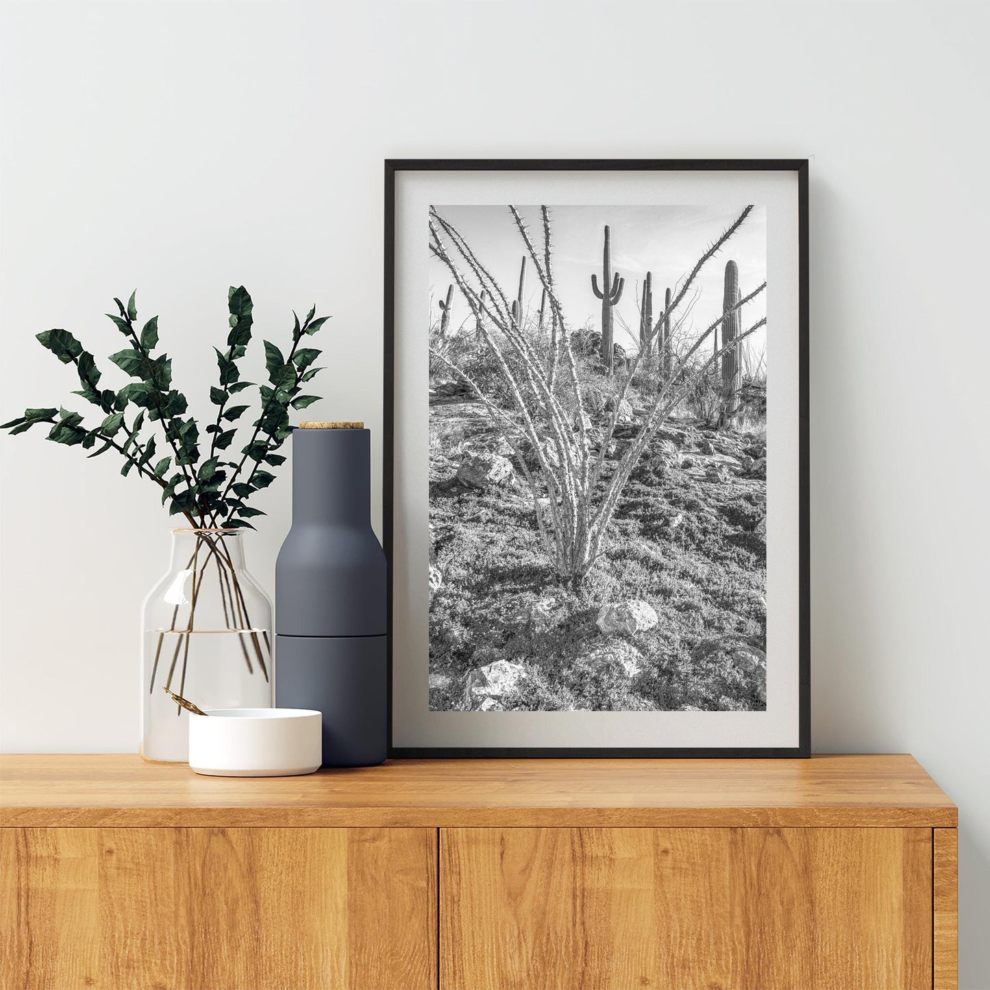 Ocotillo and Saguaro in Black and White | Arizona Desert Art