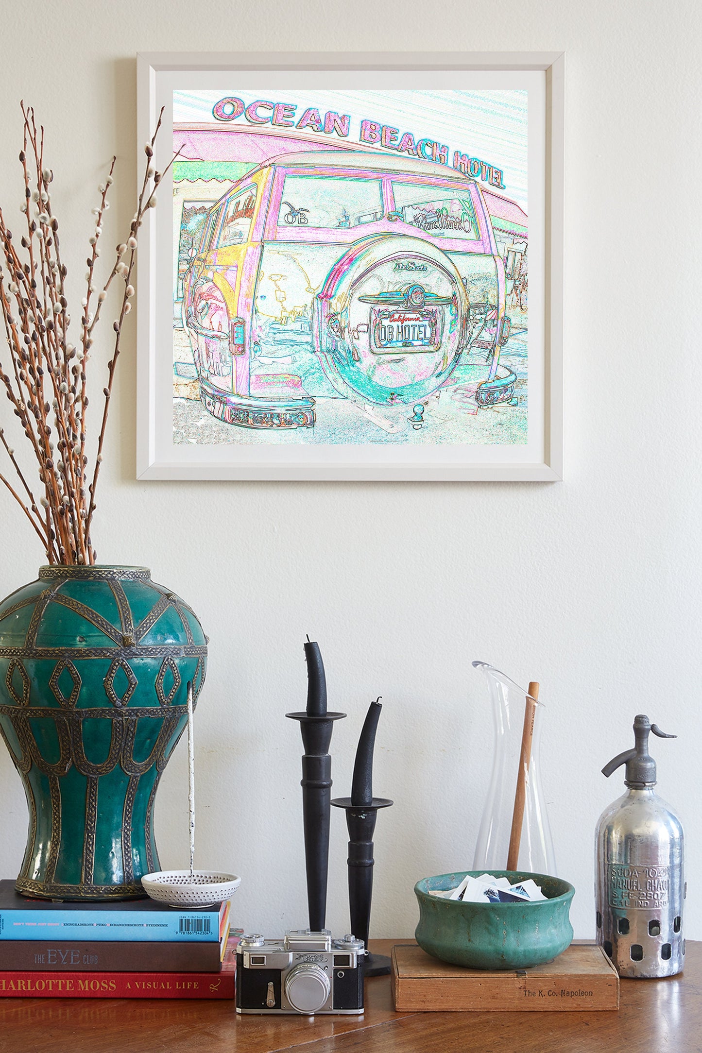 San Diego Ocean Beach Woody Surf Wagon Car Art Print in Pastel
