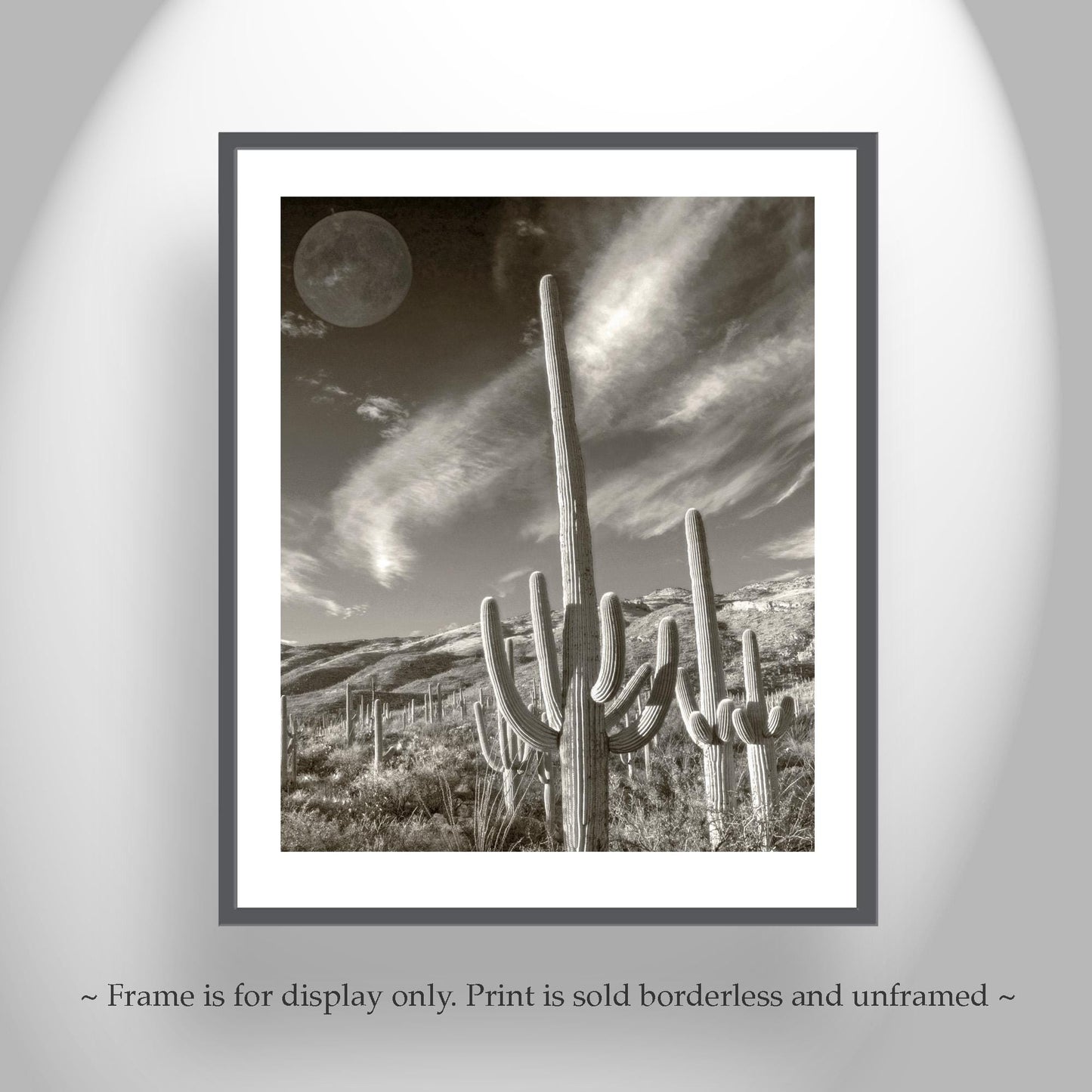Surreal Desert Cactus Moon Art | Southwestern Wall Decor in Sepia