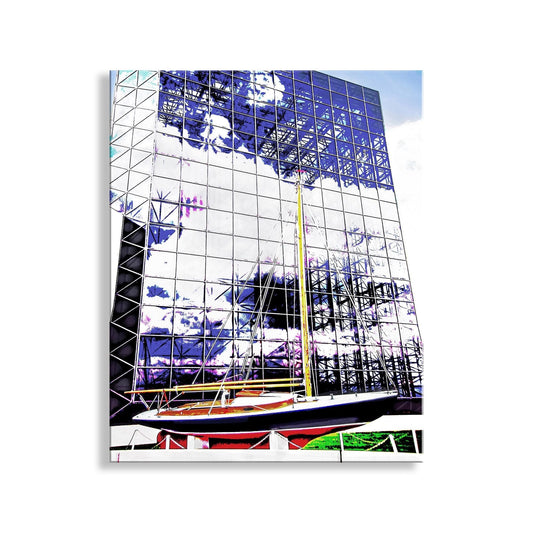 a large glass building with a sailboat on the water in front of it. Kennedy Sailboat Art Print at JFK Library Boston - Victura Photo Print