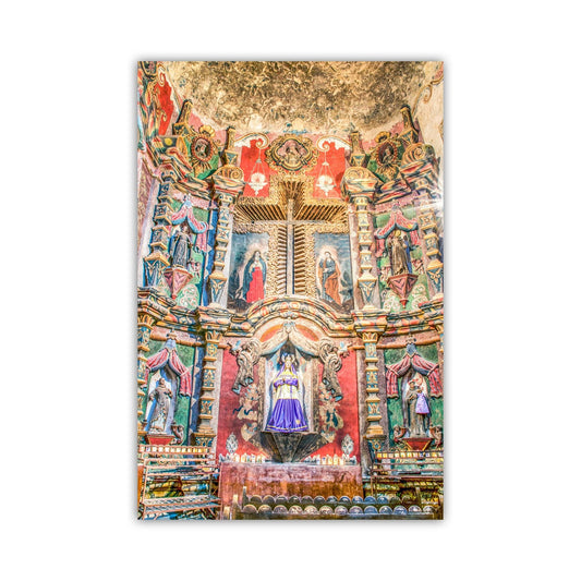 a colorful and ornate church interior with intricate decorations, statues, and religious imagery. San Xavier Mission Church Interior - Tucson Spanish Colonial Art