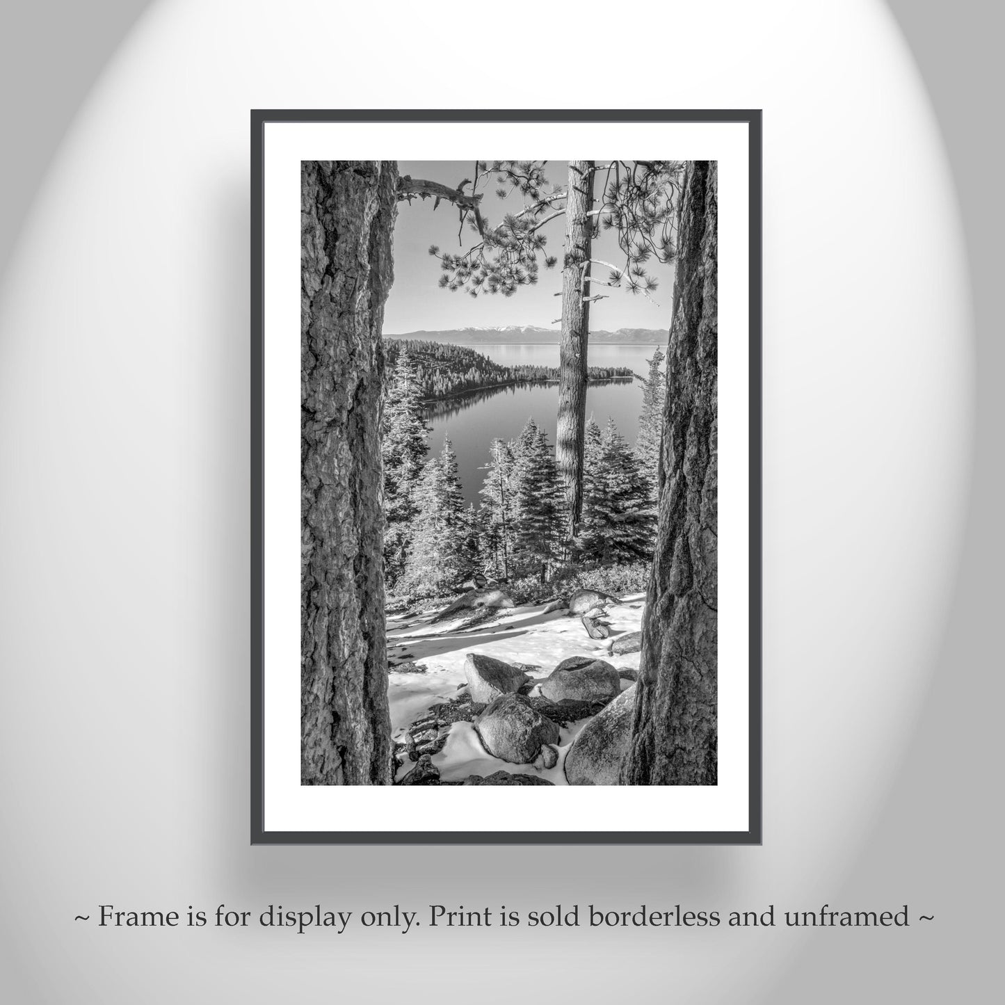 Lake Tahoe Emerald Bay Winter Photograph Gift | Black & White Sierra Nevada Landscape Wall Art Print as Home Decor