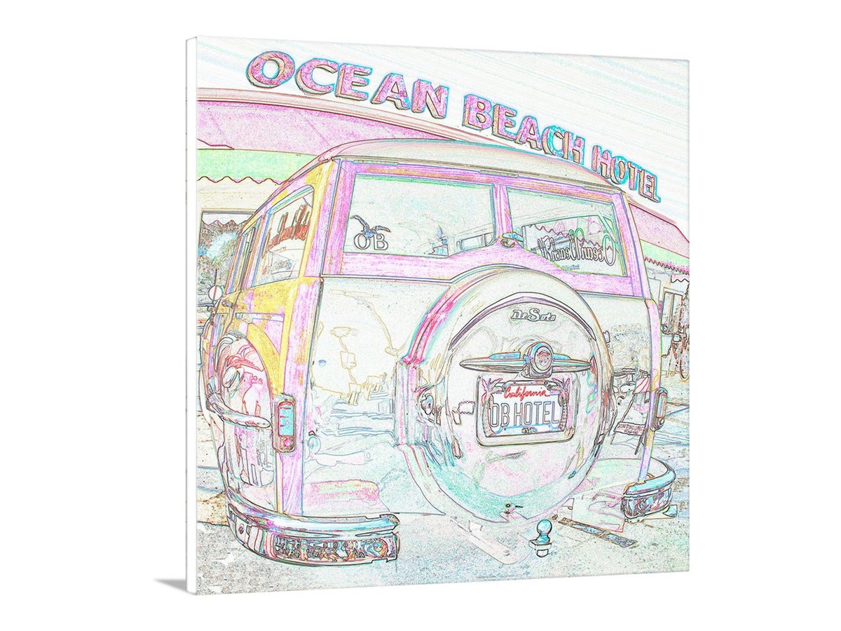 San Diego Ocean Beach Woody Surf Wagon Car Art Print in Pastel