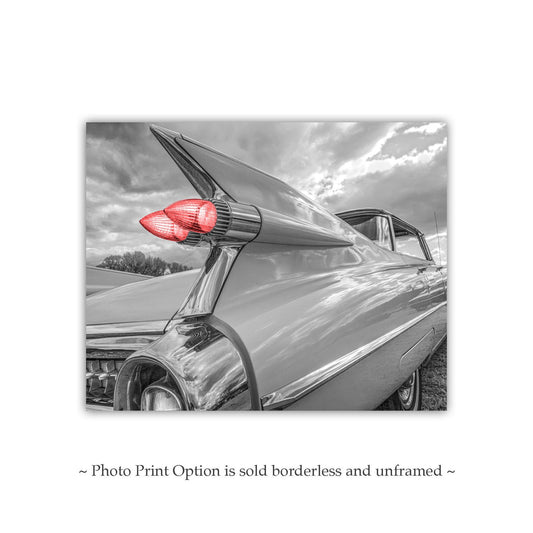 1959 Cadillac Art Print - Black & White Classic Car Tail Fins Photo