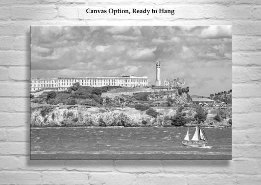 Alcatraz Photo Print in Black and White with San Francisco Bay Sailboat
