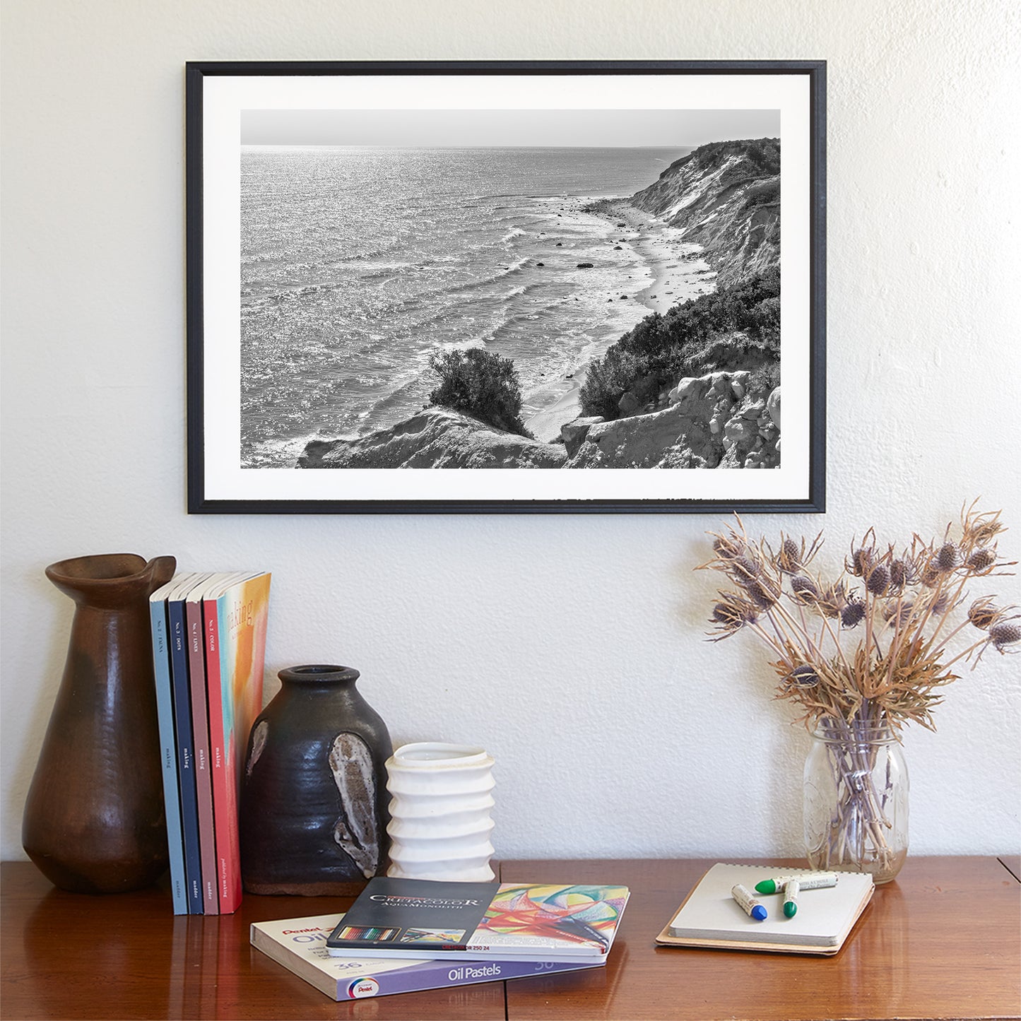 Block Island Photo Print with Mohegan Bluffs as Contemporary Coastal Art in Black and White