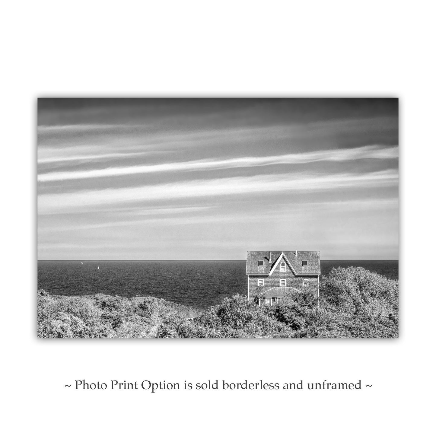 Block Island Art Photography Print with Seaside Cottage | Minimalist Wall Decor in Black and White