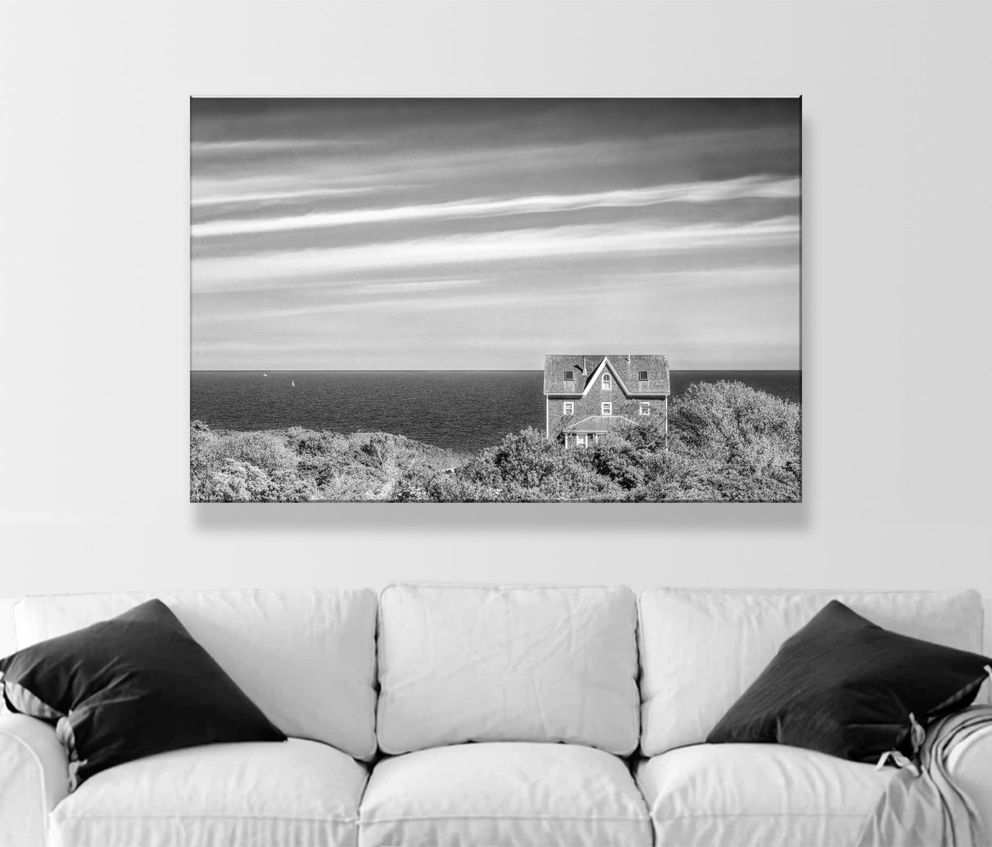 Block Island Art Photography Print with Seaside Cottage | Minimalist Wall Decor in Black and White