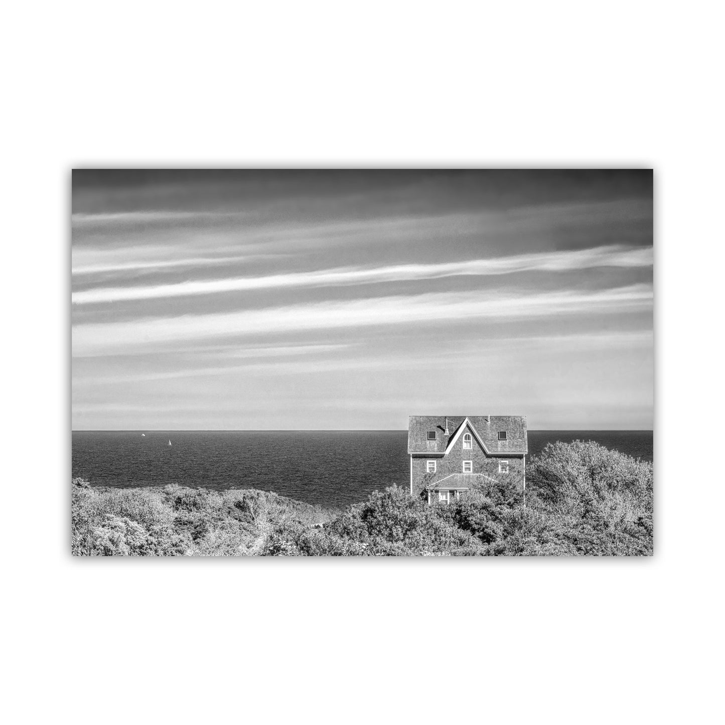 Block Island Art Photography Print with Seaside Cottage | Minimalist Wall Decor in Black and White