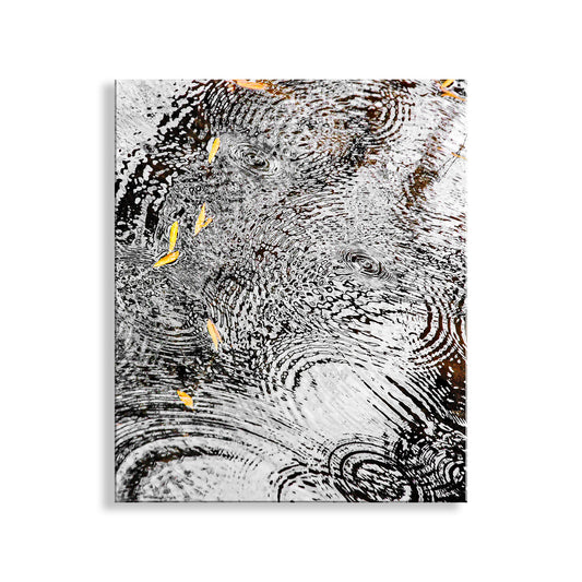 The image is a black and white abstract artwork with a textured, swirling pattern.