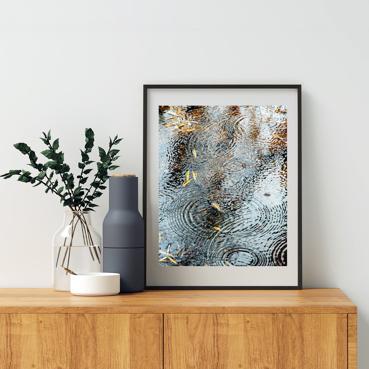 Rain Drops and Water Ripples Photograph with Autumn Leaves as Elegant Nature Wall Decor | Arizona Canyon Oasis