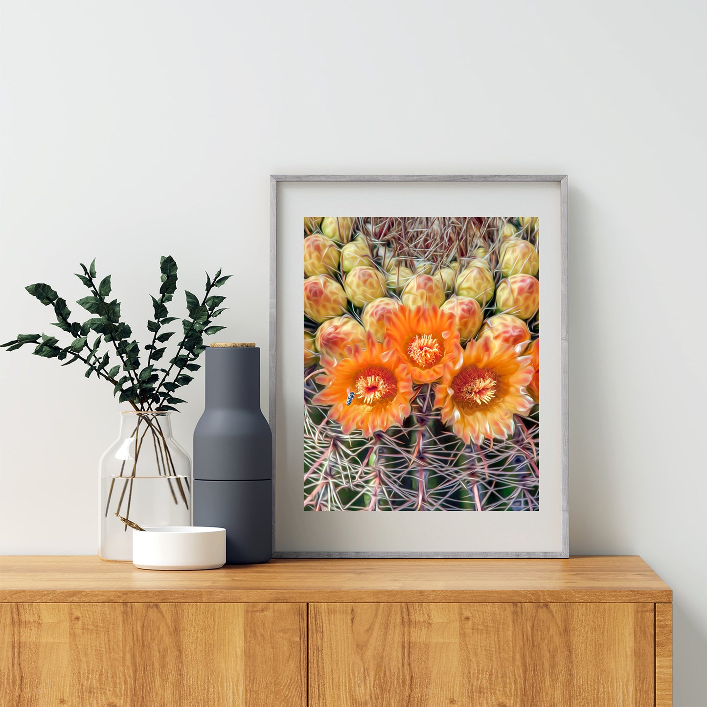 Bee and Cactus Flower Print with Desert Barrel Cactus Wildflowers