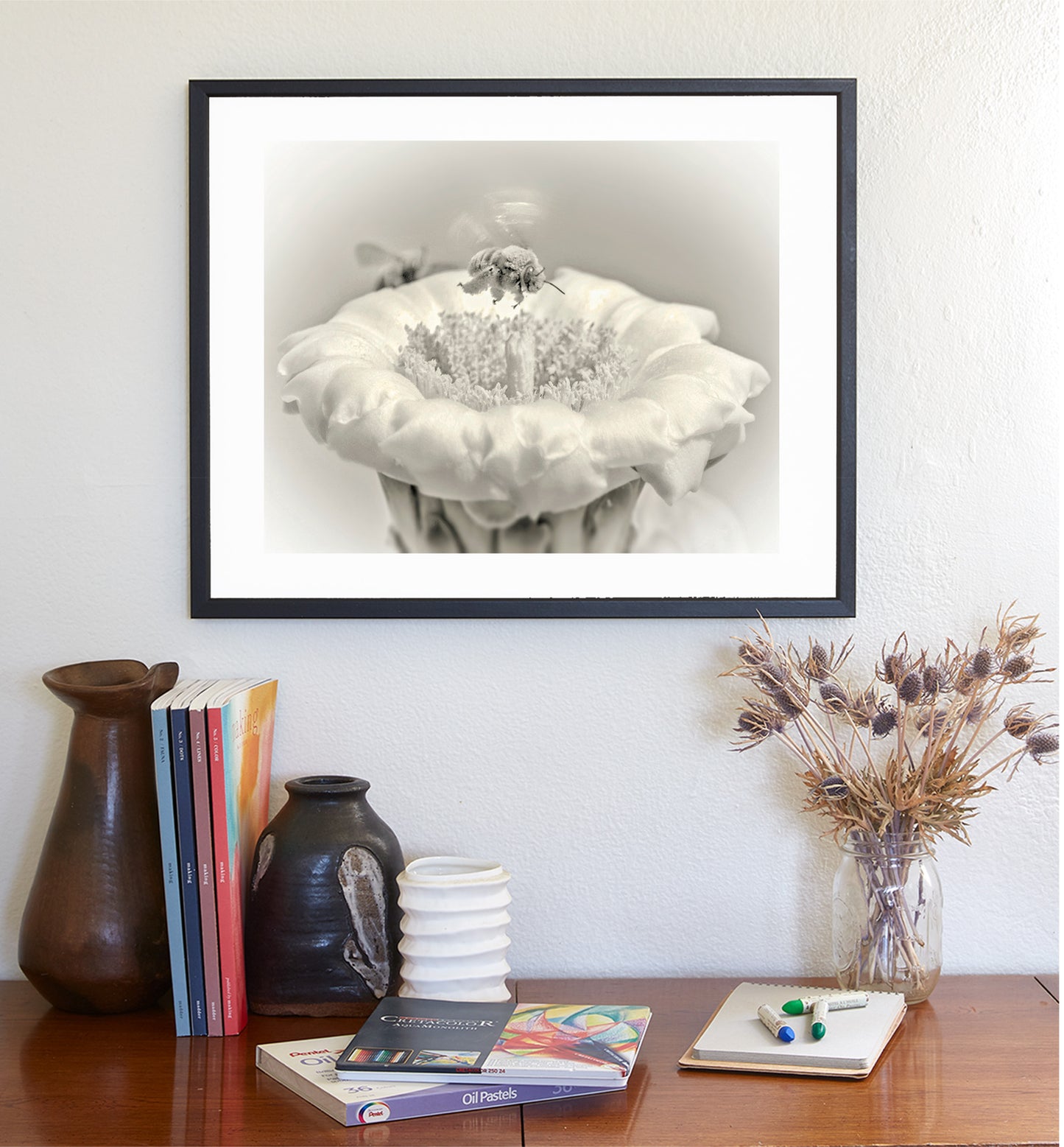 Cactus Flower and Bumble Bee Nature Art in Arizona Desert