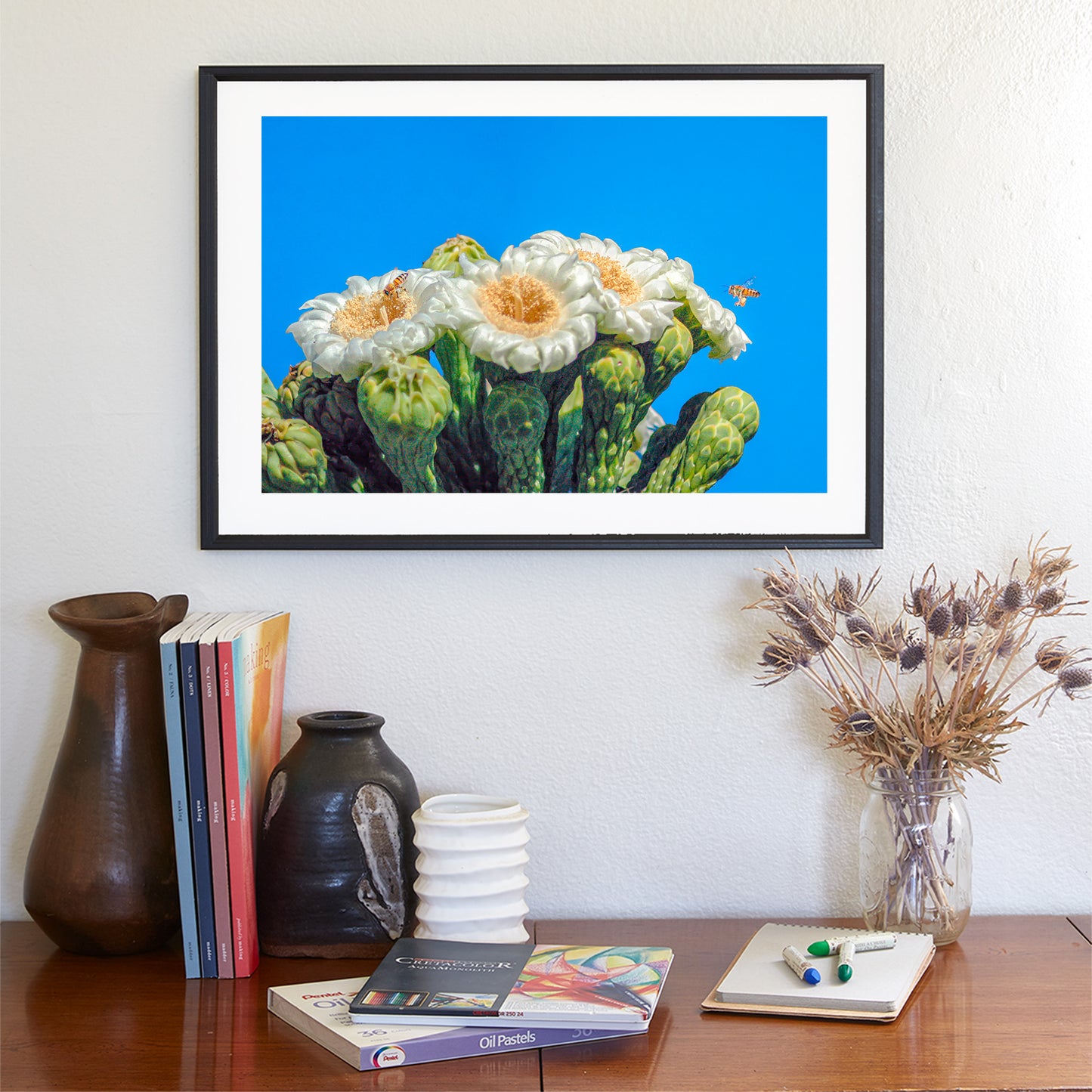 Cactus Flower with Bees in Arizona Desert as Spring Desert Decor