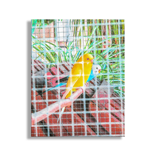 A yellow parakeet perches on a red wire cage, surrounded by green plants and a cage. Abstract Colorful Parakeets - France Bright Bird Wall Art Print
