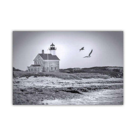 A black and white photograph of a lighthouse on a beach, with two seagulls flying in the sky above it. Block Island Lighthouse Beach Seascape - Rhode Island Coastal Wall Art
