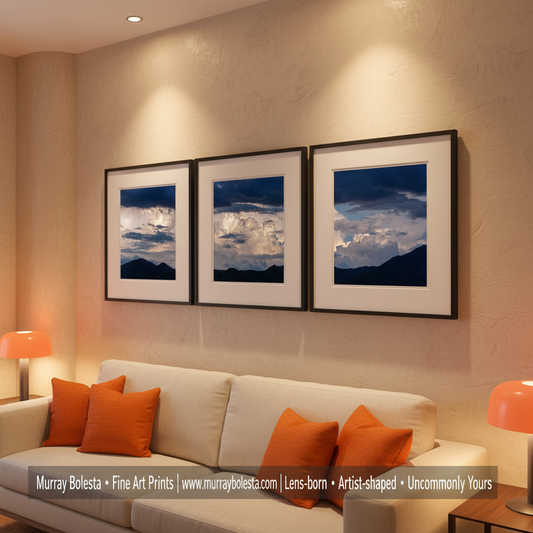 Triptych of mountain landscape with clouds on a white background. Bold Wall Decor with Indigo Blue Storm Clouds Set of 3 square Pictures by Murray Bolesta