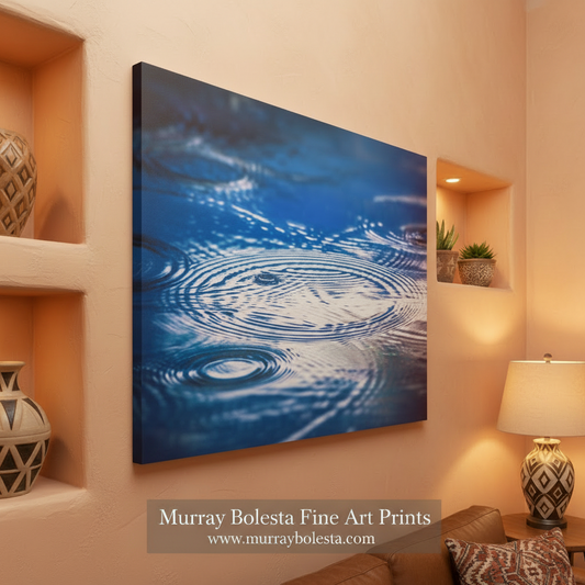 Ripples on water surface with a white background. Fine Art Nature Print for Home with Indigo Blue Water Art with RaindropsFine Art Nature Print for Home with Indigo Blue Water Art with Raindrops by Murray Bolesta