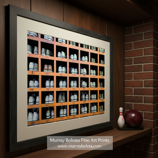 Wall-mounted shoe rack with multiple pairs of shoes displayed in rows. Bowling Art Photography Print with Bowling Shoes by Murray Bolesta