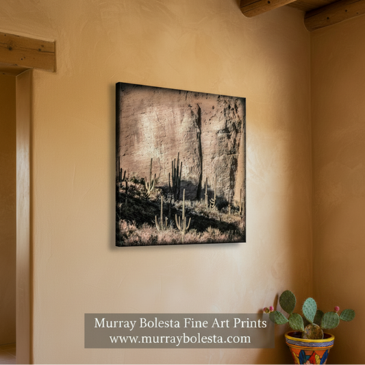 A desert landscape with a rocky cliff face and several cacti growing on the ground. Desert Canyon Cactus Landscape - Tucson Arizona Wall Art Print by Murray Bolesta