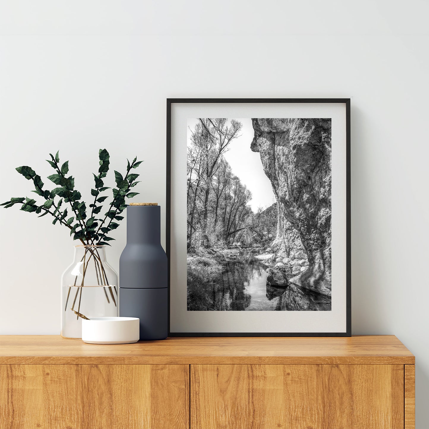 Western Canyon Creek Desert Oasis Black and White Art Print
