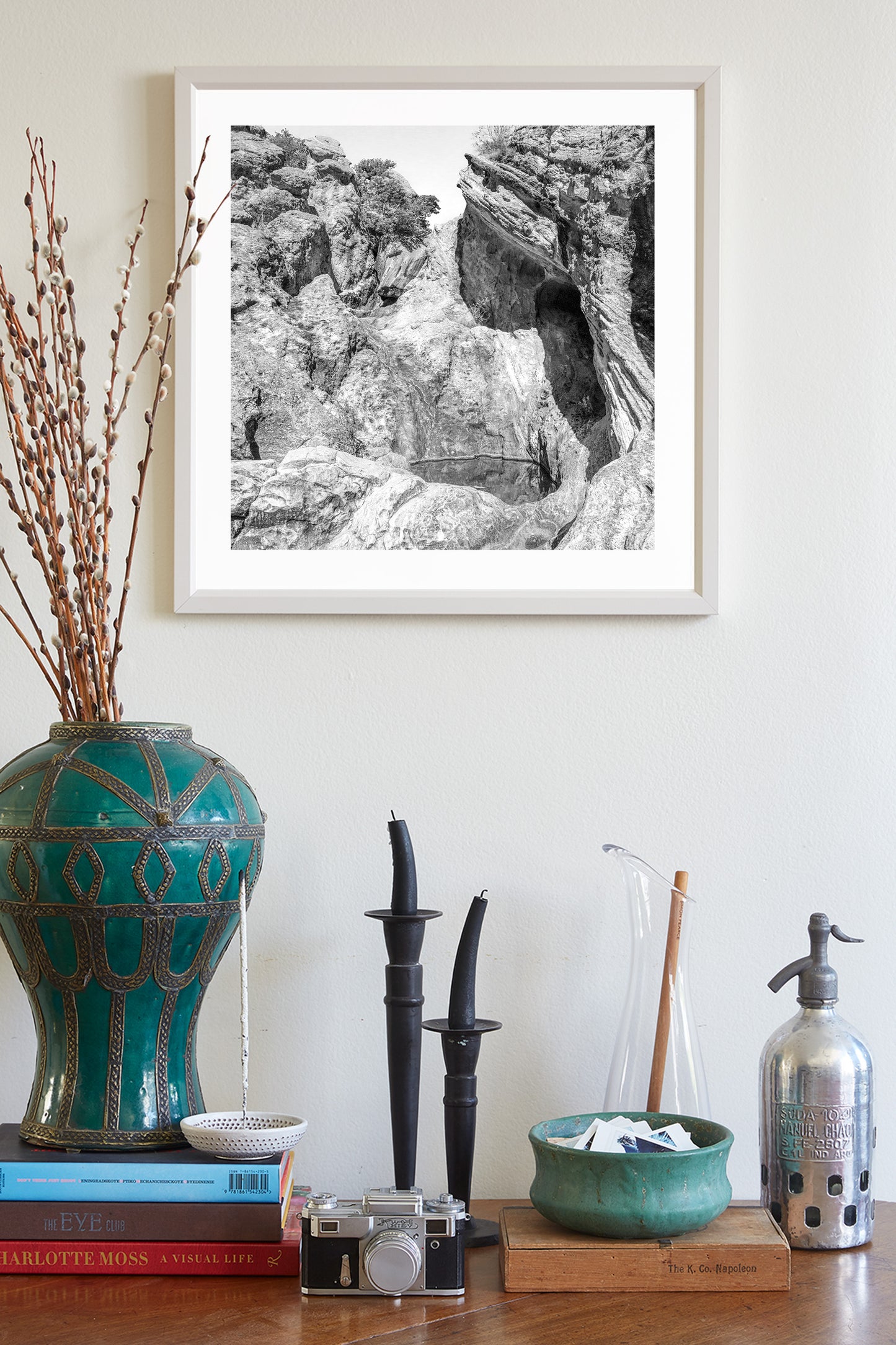 Arizona Desert Canyon Pool Art in Black and White on Square Print