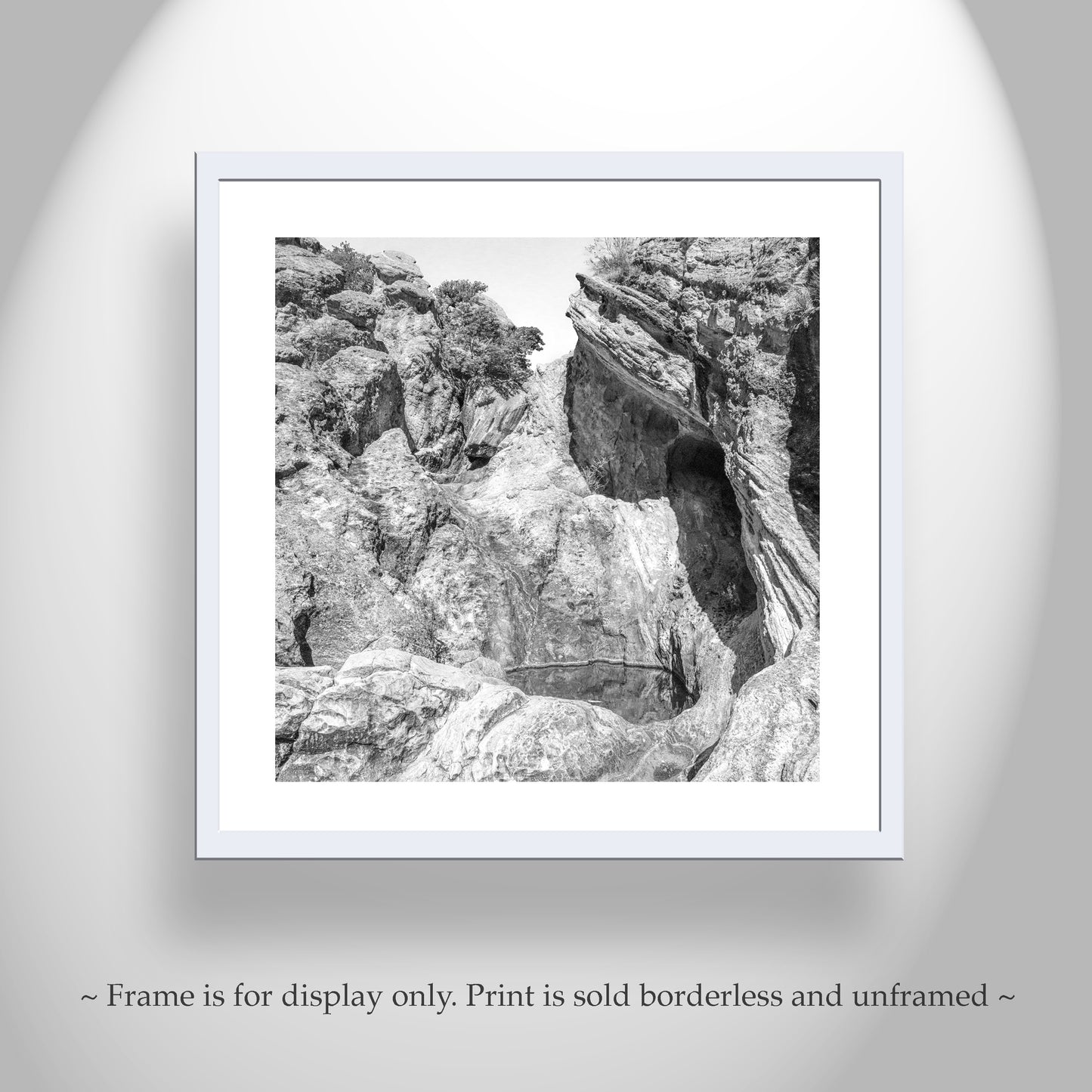 Arizona Desert Canyon Pool Art in Black and White on Square Print