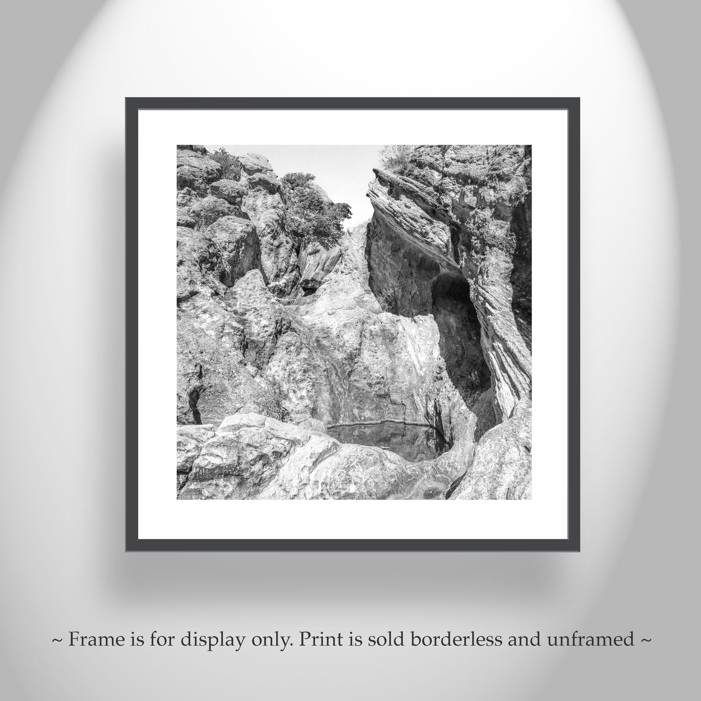 Arizona Desert Canyon Pool Art in Black and White on Square Print