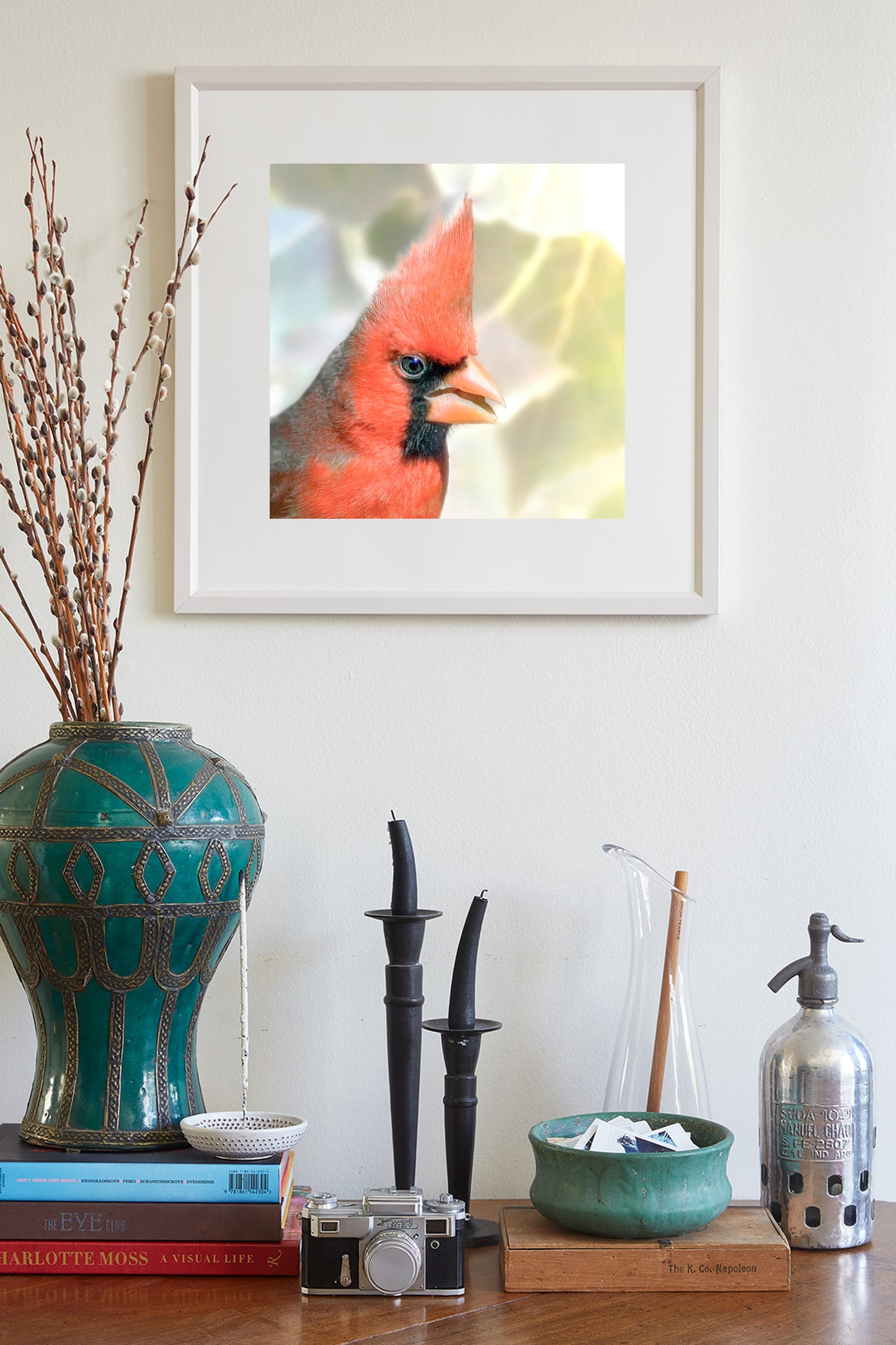 Red Cardinal Bird Art on Square Print as Bright Spring Nature Decor