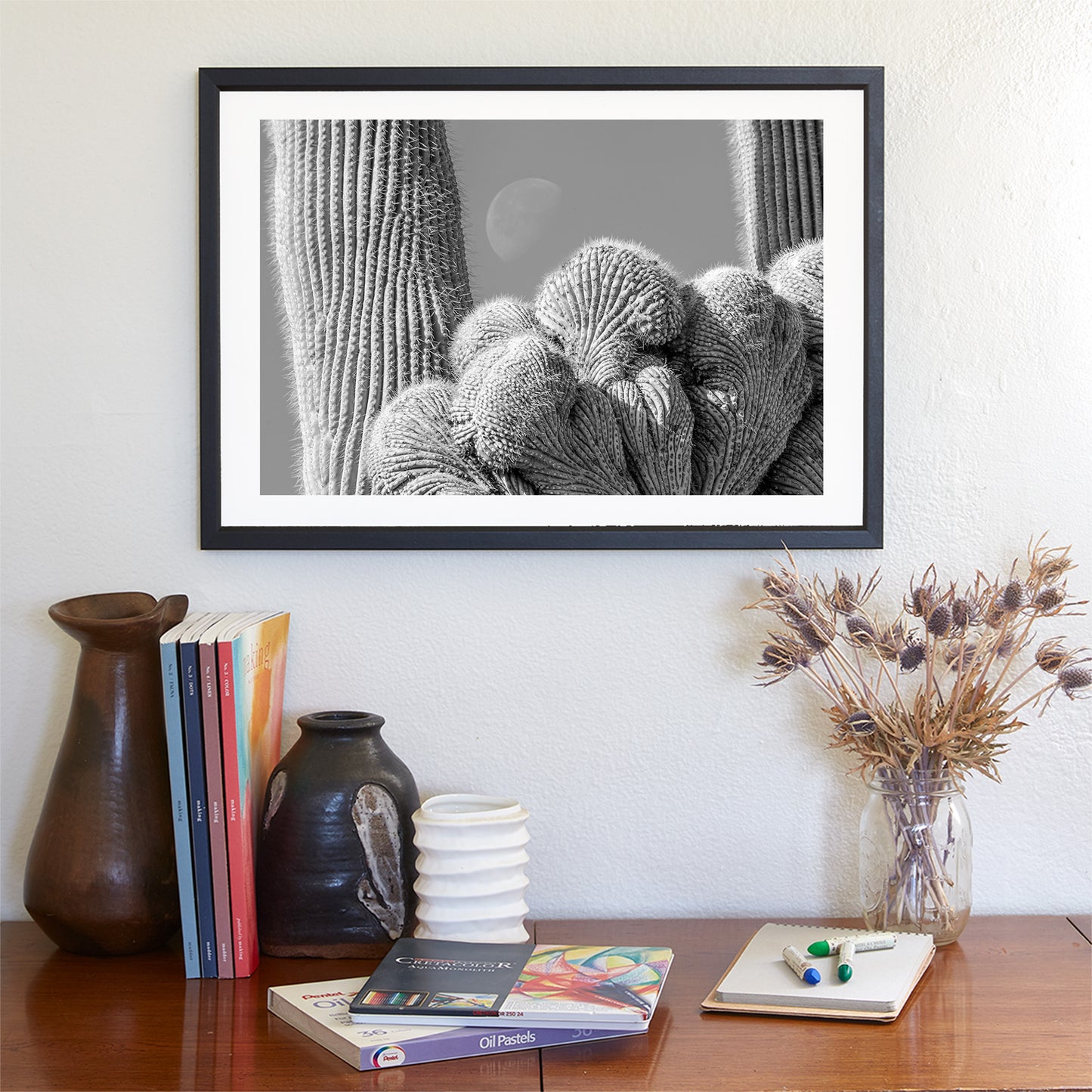 Crested Cactus And Moon Art Print from Saguaro National Park Tucson