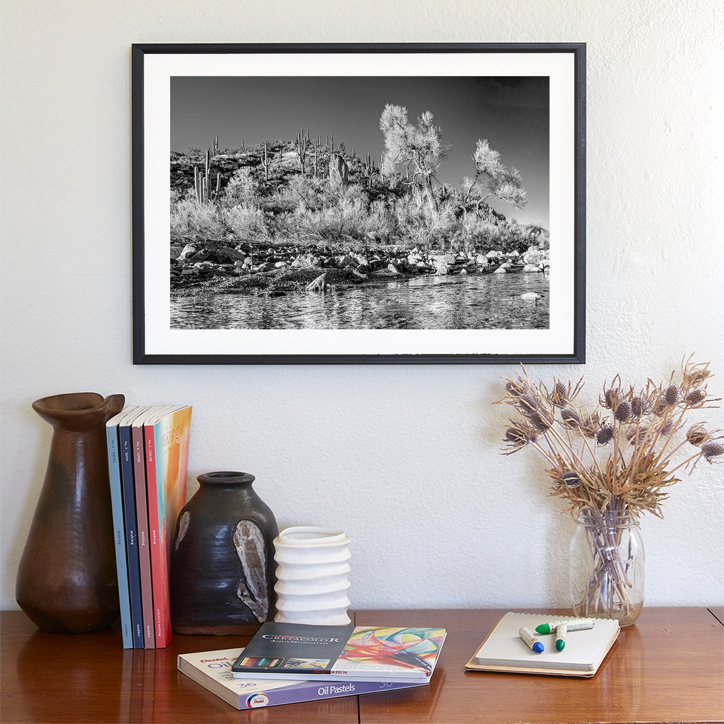Black & White Canyon Landscape Art with Watery Stream in Arizona Wilderness