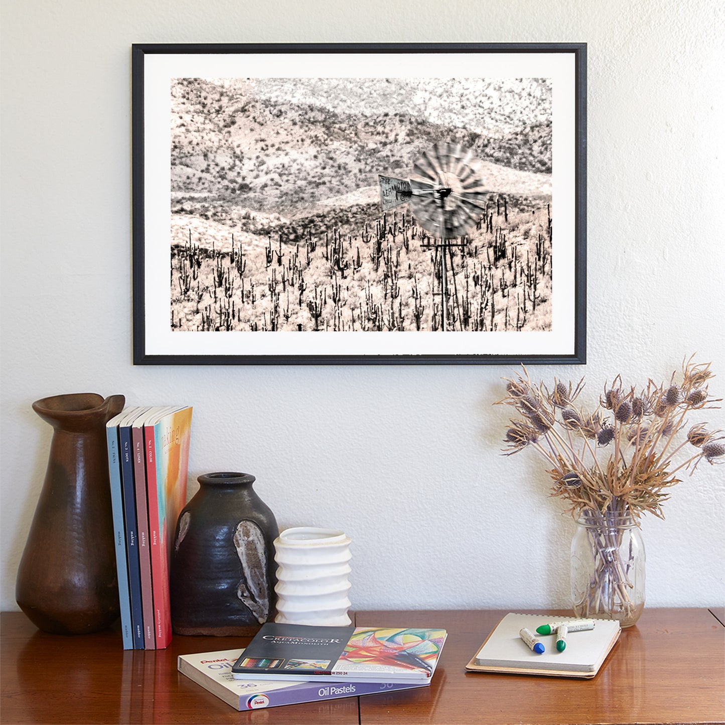 Arizona Desert Cactus Landscape Wall Art for Sale with Old Ranch Windmill