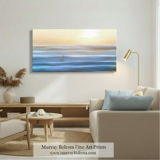 A horizontal canvas art print depicting an abstract ocean sunset with blue waves and a glowing sun, displayed on a wall in a modern, neutral-toned living room setting. A watermark at the bottom reads 'Murray Bolesta Fine Art Prints'.