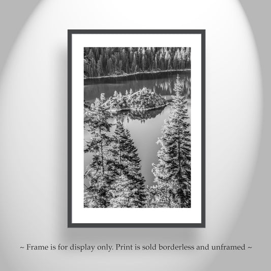 Black & White Emerald Bay Lake Tahoe Picture | Vertical Sierra Art