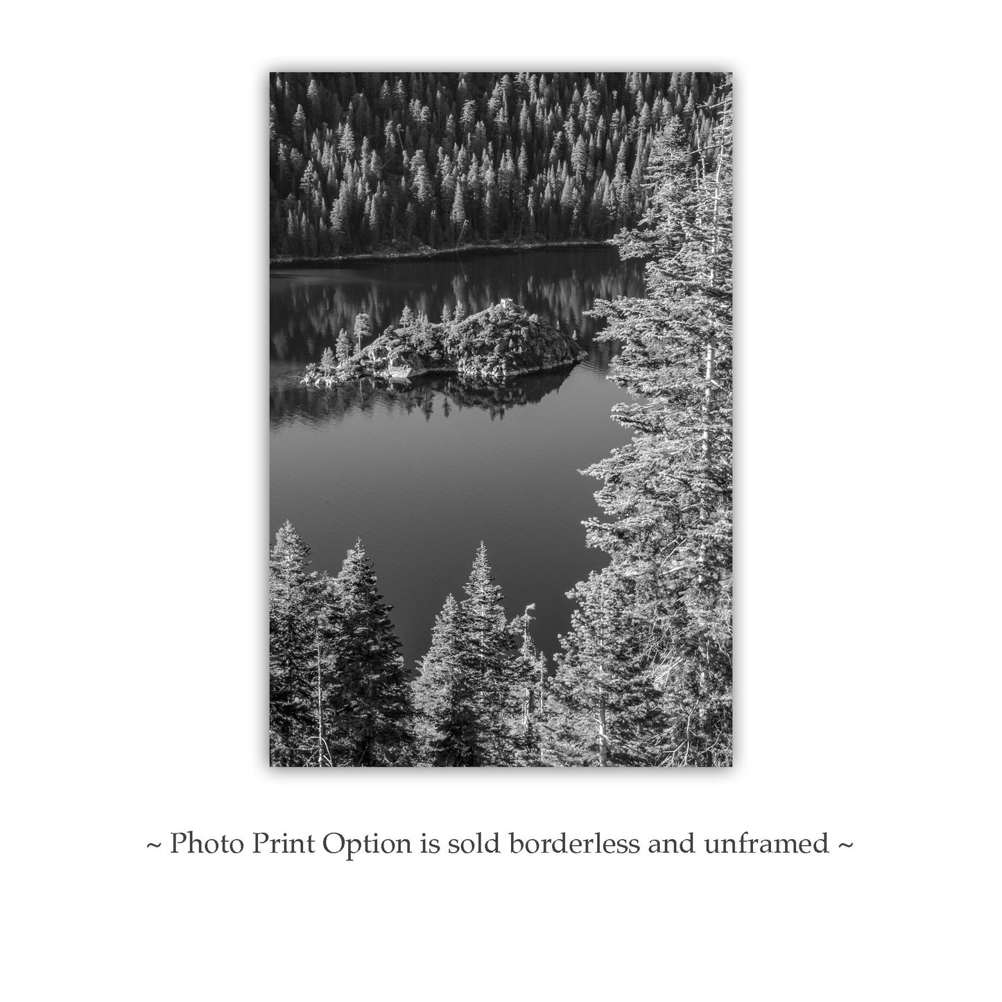 Tahoe Print in Black and White with Emerald Bay and Fannette Island | Sierra Mountains Art Photo Gift for Home or Office
