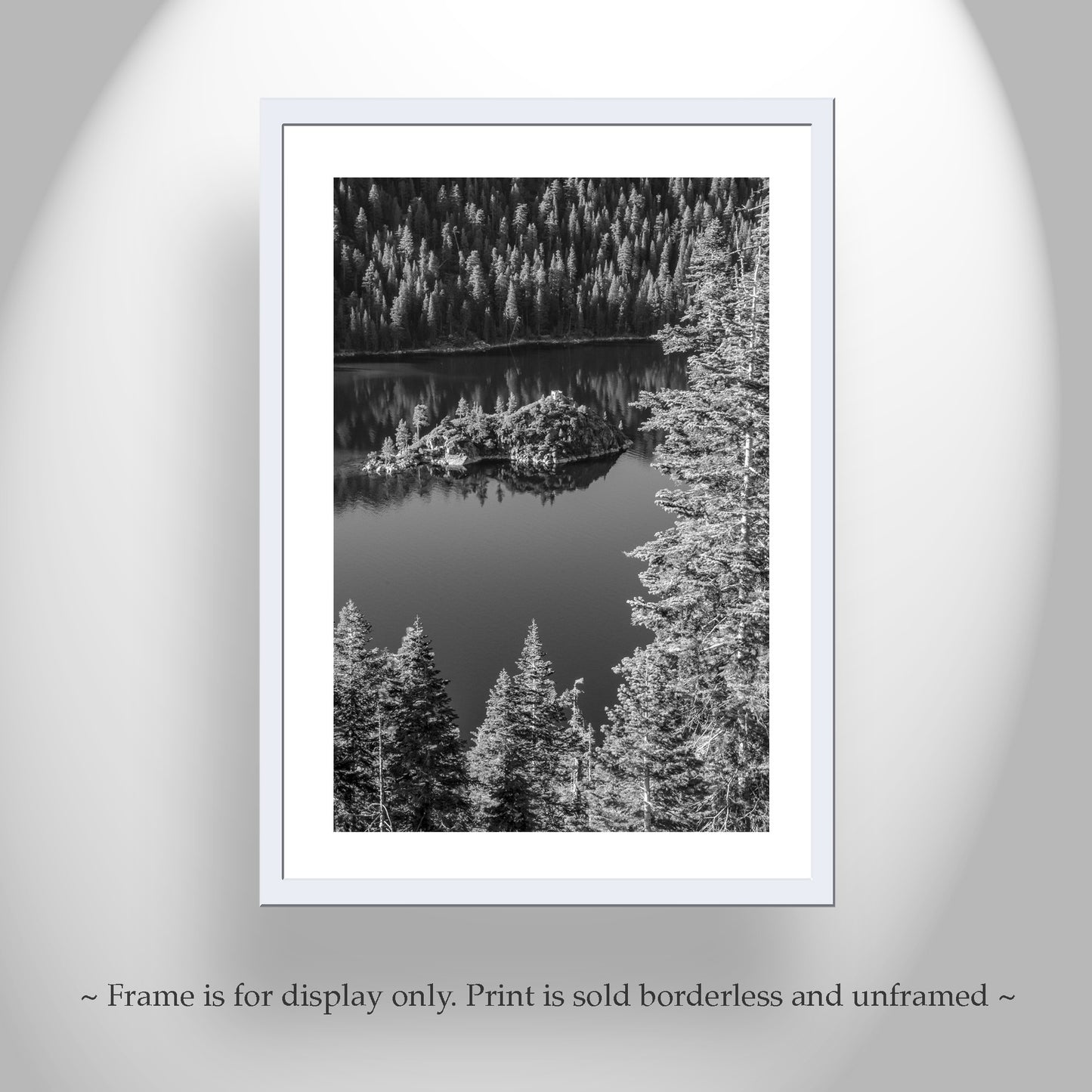 Tahoe Print in Black and White with Emerald Bay and Fannette Island | Sierra Mountains Art Photo Gift for Home or Office