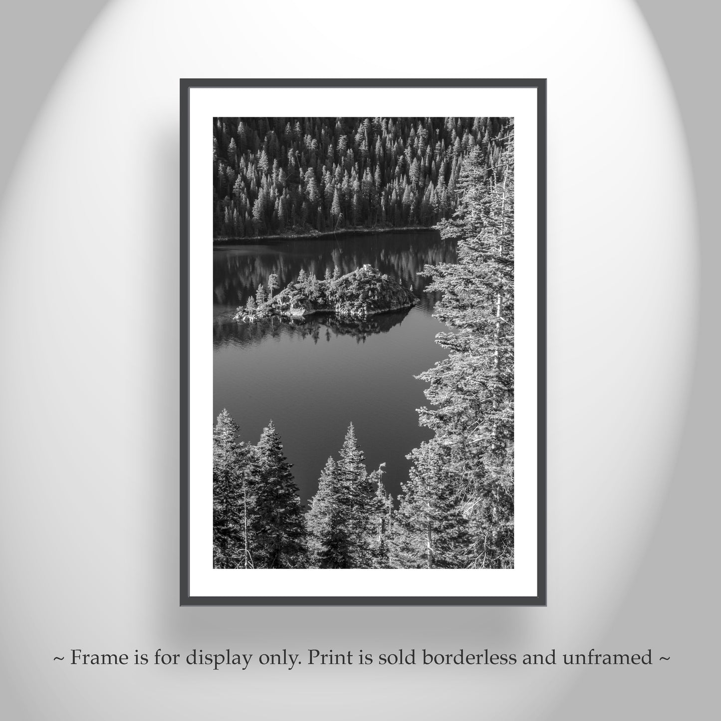 Tahoe Print in Black and White with Emerald Bay and Fannette Island | Sierra Mountains Art Photo Gift for Home or Office