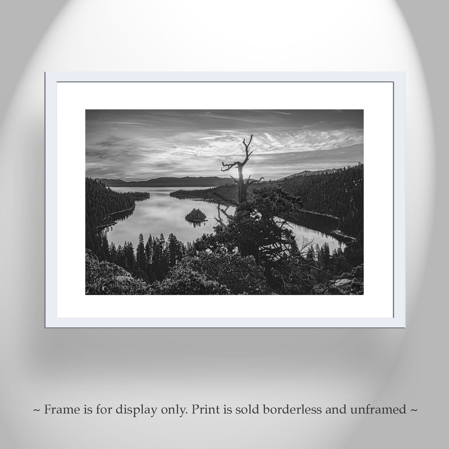 Black and White Lake Tahoe Landscape Photography Art Print with Emerald Bay | Sierra Nevada Mountains Wall Art for Home or Office