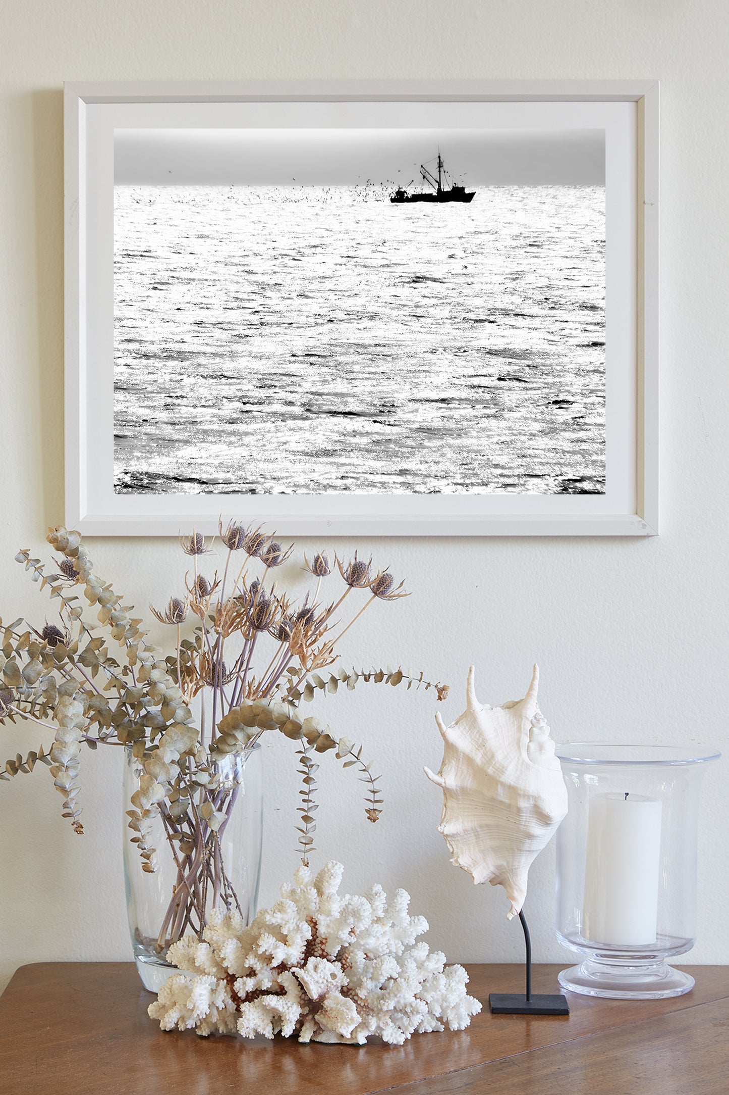 Block Island Fishing Trawler Ocean Art Print in Black and White