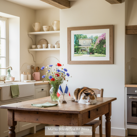 Stone house with garden and pink flowers on a white background. France vintage stone cottage art by Murray Bolesta!