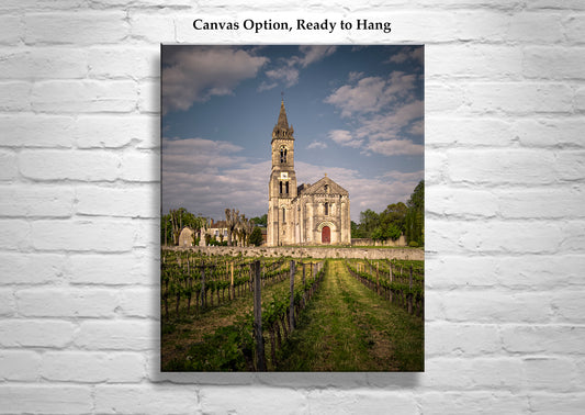 Bordeaux Vineyard Landscape Art | Romanesque Church Wine Country